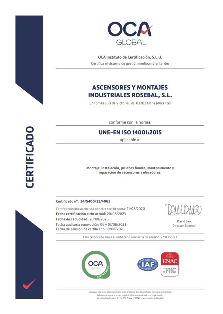 certificado seguridad y calidad 1401 philbert ascensores