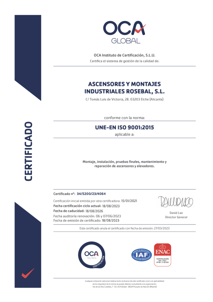certificado seguridad y calidad 9001 philbert ascensores